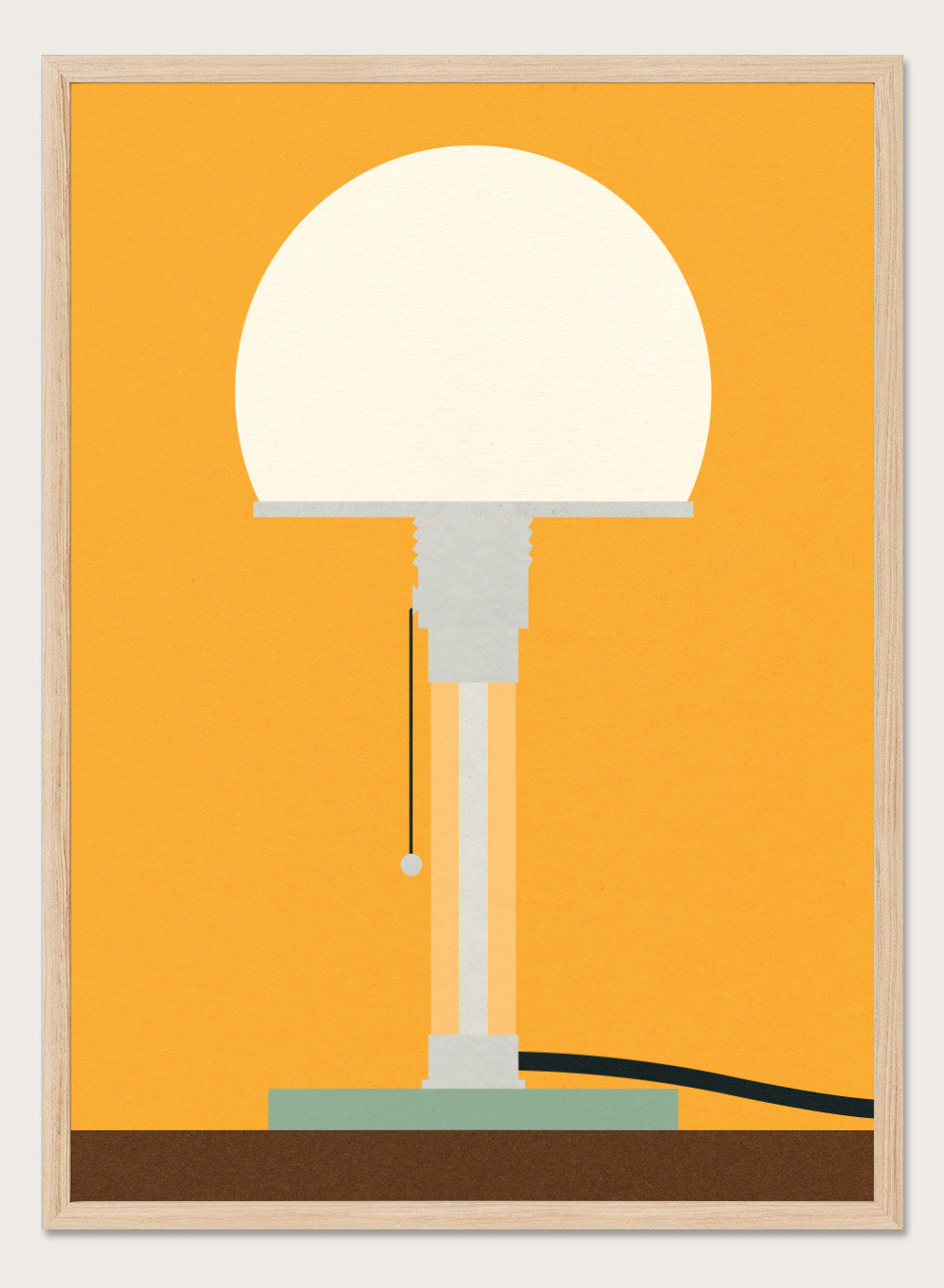 Illustration of a lamp on an orange background. Wagenfeld WG24 Table Lamp by Rosi Feist is a modern minimalist fine art print inspired by Bauhaus design. Officially licensed wall poster with optional artisan framing.