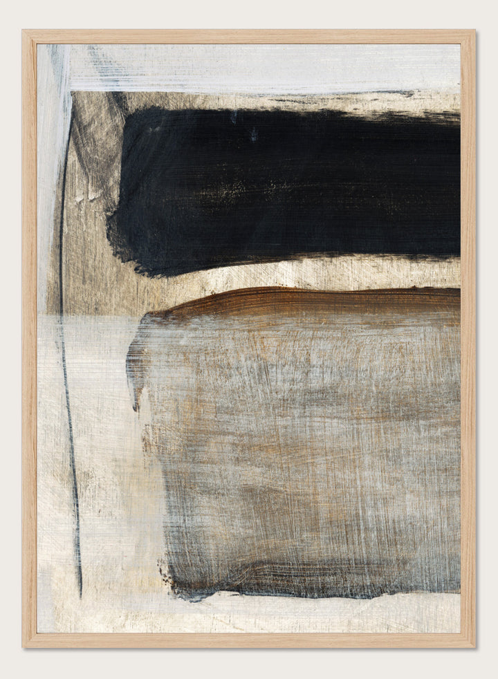 Abstract square artwork with broad textured brushstrokes in black, warm brown, gray, and off-white. Shop Desire by Dan Hobday, a contemporary abstract art print featuring bold black forms, earthy brown tones, layered brushwork, and a textured neutral palette.