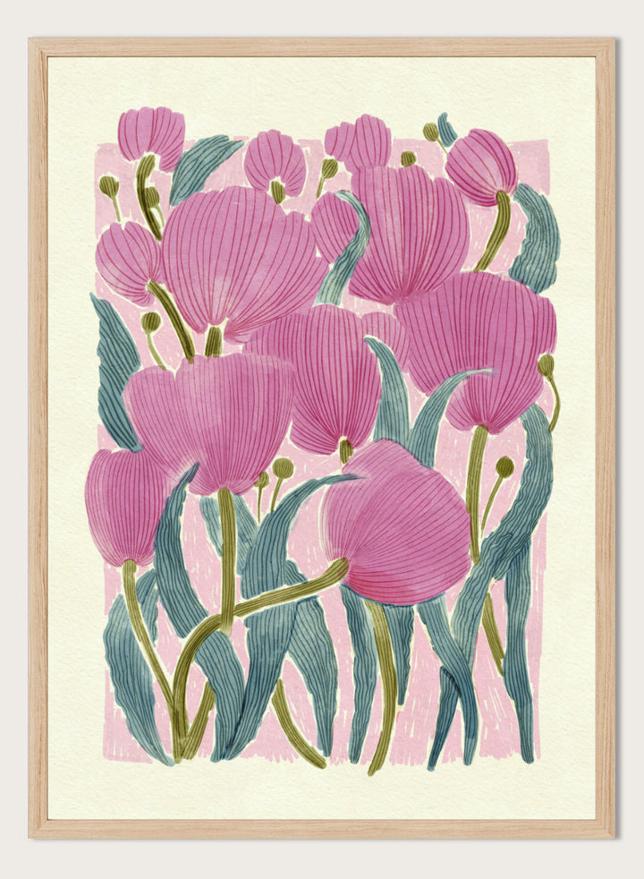 A framed art print featuring a stylized illustration of pink tulips with textured green leaves on a light cream background. Shop Pink Tulips by Katie O&
