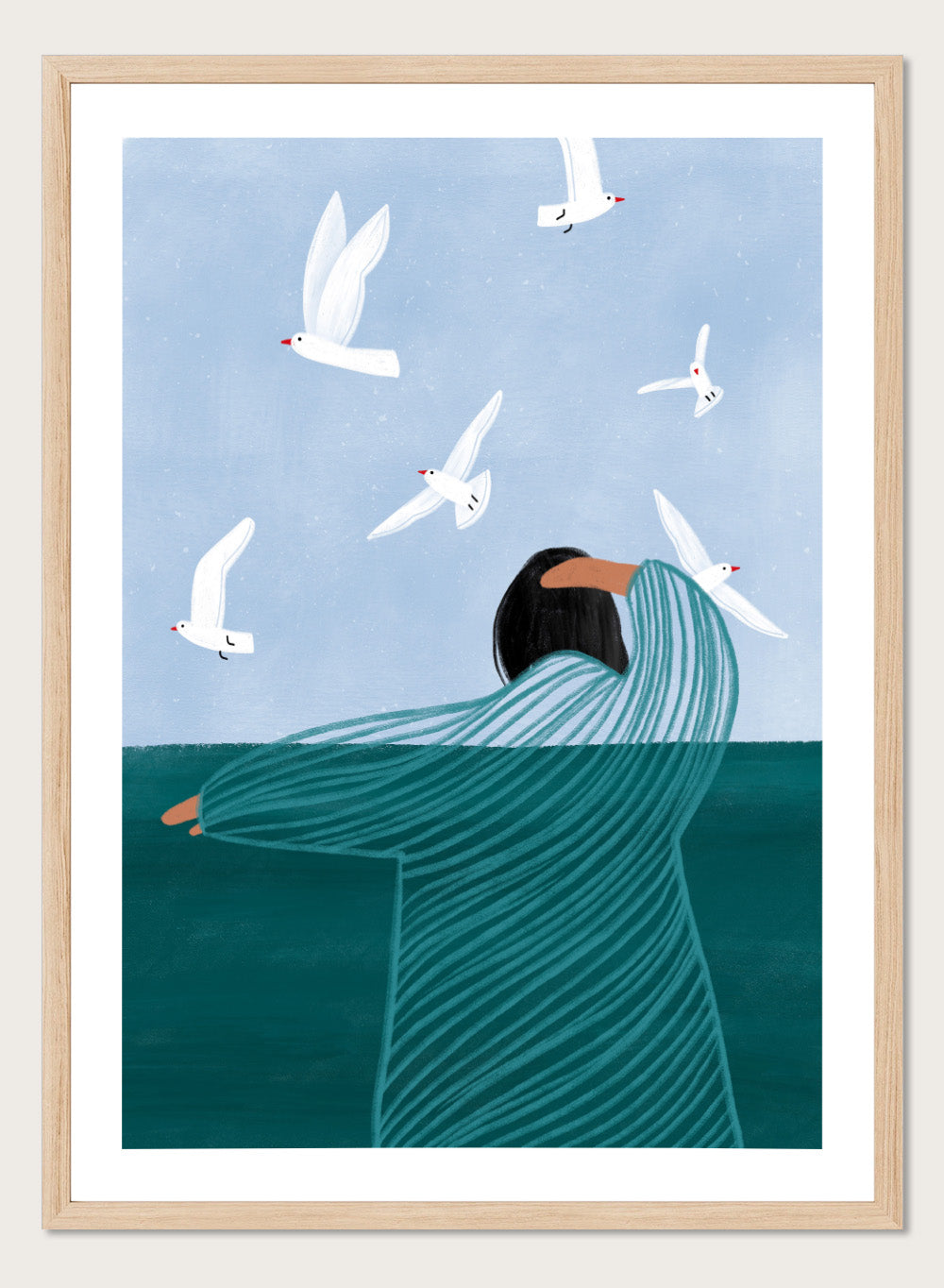 Seaside Serenity by Bea Müller is an officially licensed art print featuring a calm seaside figure and flying birds. Available as fine art print or framed with real wood frames.