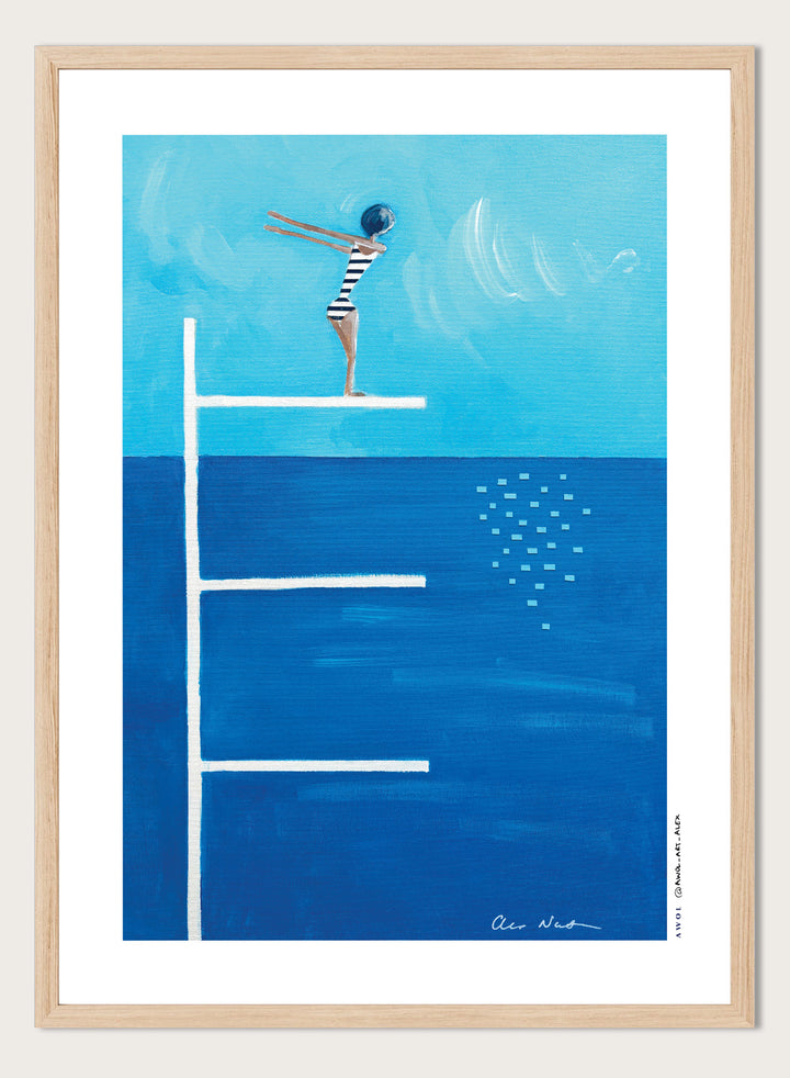 Ready to Dive by Awol Art Alex is a playful modern art print featuring a striped swimmer, tall diving board, vivid blue water, and retro summer style.
