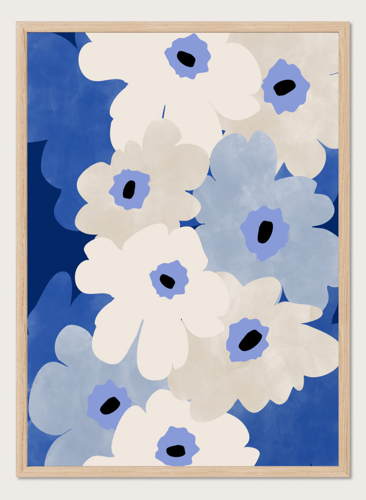 Shop White and Blue Flowers by Elena Ristova, a modern floral wall art print poster featuring oversized cream and blue blooms with bold cobalt and black details.