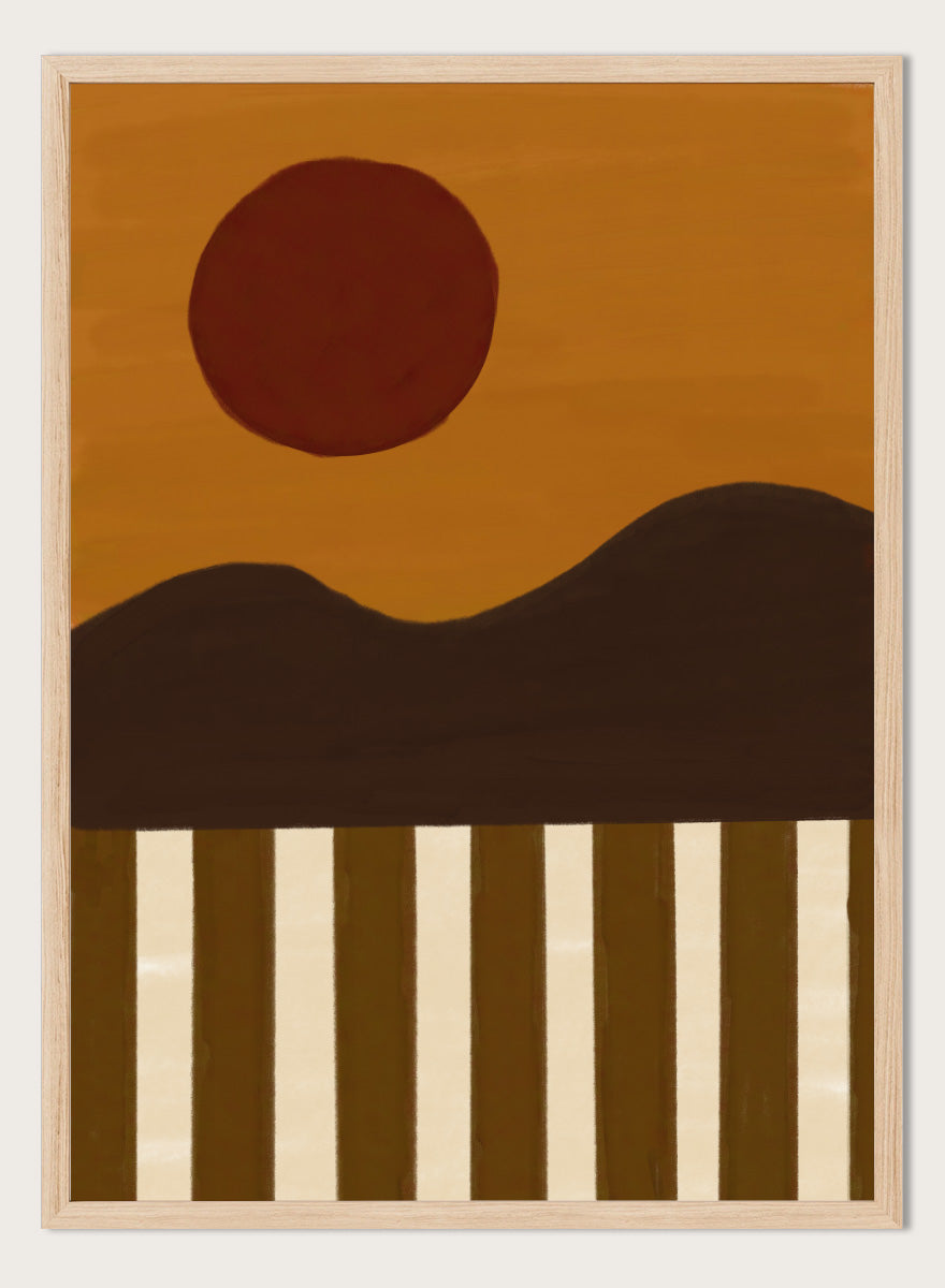 A minimalist abstract landscape art print featuring a dark brown sun over a wavy horizon, with vertical brown and cream stripes at the bottom. Minimalist Desert Sun by The Art Concept landscape art print featuring a red sun, dark rolling hills, warm ochre tones, and bold vertical stripes.