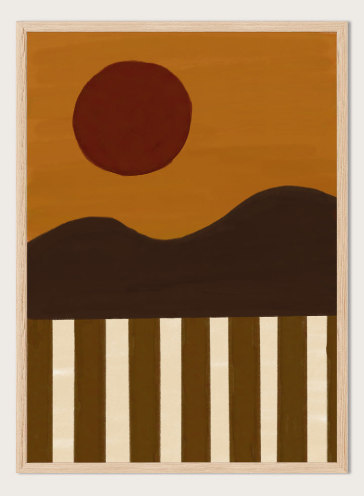 A minimalist abstract landscape art print featuring a dark brown sun over a wavy horizon, with vertical brown and cream stripes at the bottom. Minimalist Desert Sun by The Art Concept landscape art print featuring a red sun, dark rolling hills, warm ochre tones, and bold vertical stripes.