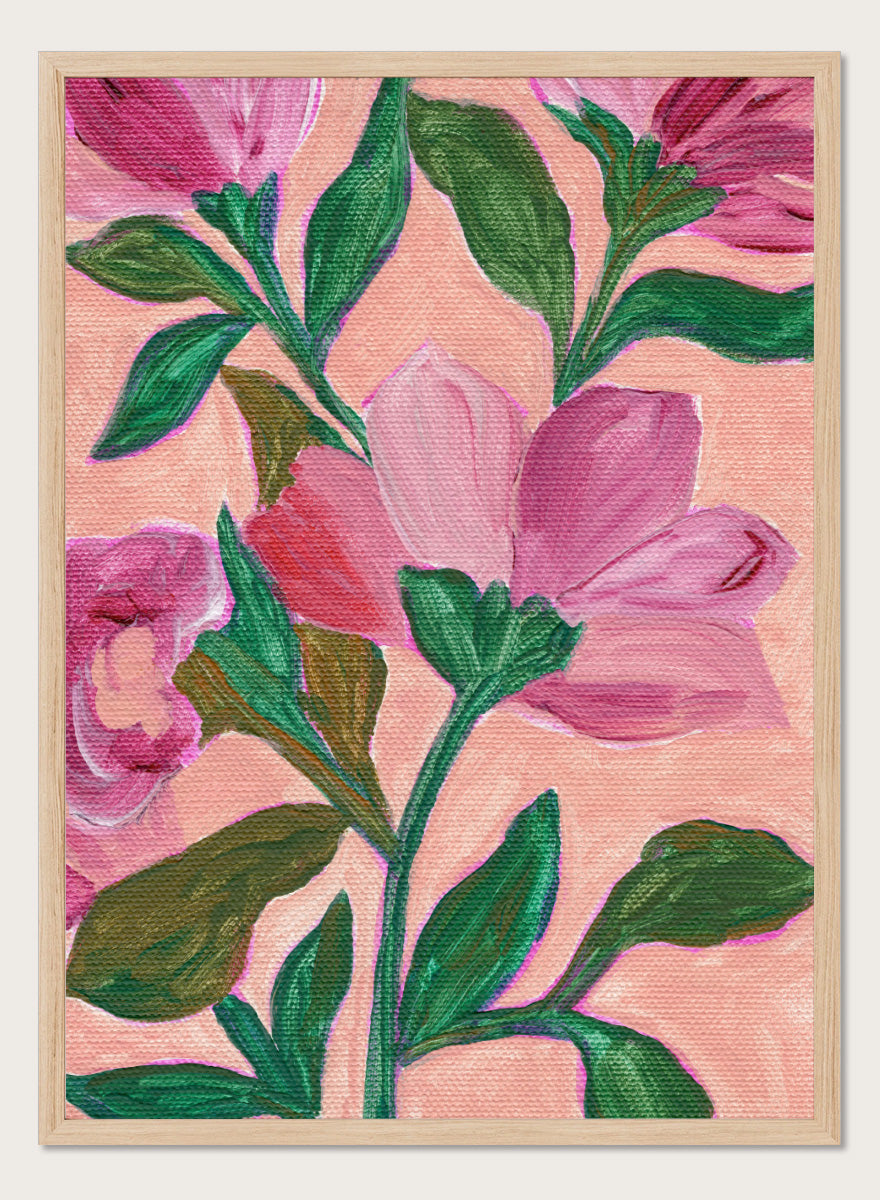 Shop Vibrant Pink Blooms No.2 by Nikita Jariwala, a floral wall art print poster featuring oversized pink flowers and lush modern botanical artwork.