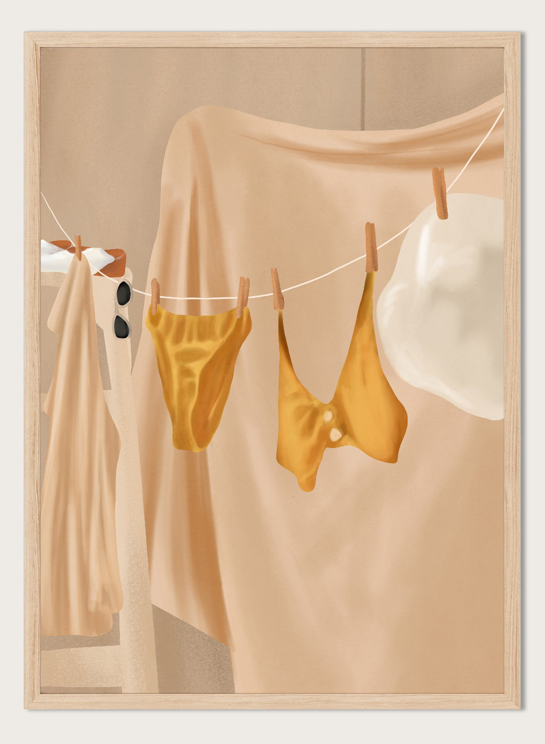 Yellow bikini top and bottom hanging on a clothesline against a beige background. Golden Summer Laundry by Flow Line is a summer art print featuring hanging linens, a yellow swimsuit, sun hat, and Mediterranean-inspired coastal decor.