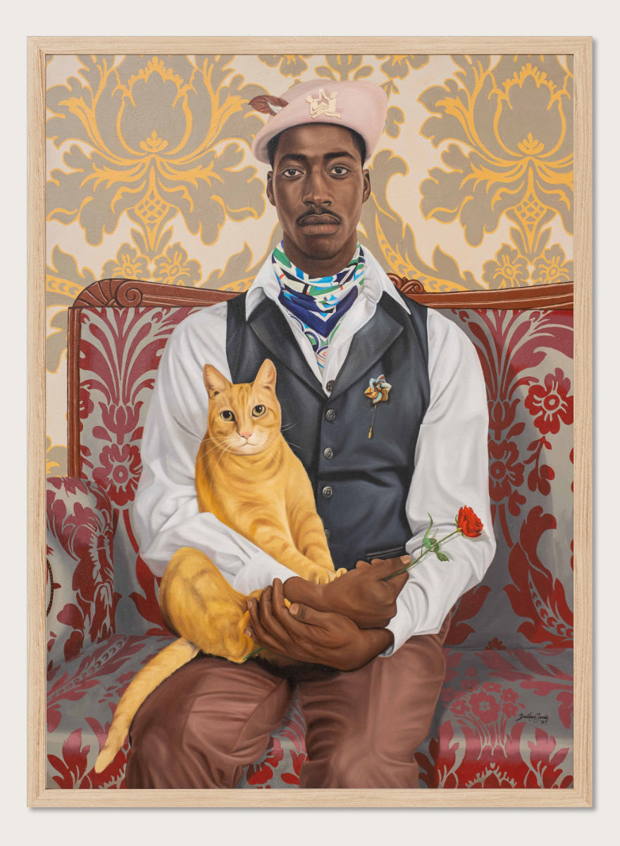 A portrait-style artwork of a Black man seated on a red patterned sofa, holding a yellow-orange cat and a red rose. The background features ornate gold and beige damask wallpaper. Shop Dapper Man Orange Cat Red Rose by Damilare Jamiu, a contemporary portrait wall art print featuring a stylish man, orange cat, red rose, and rich vintage-inspired pattern.