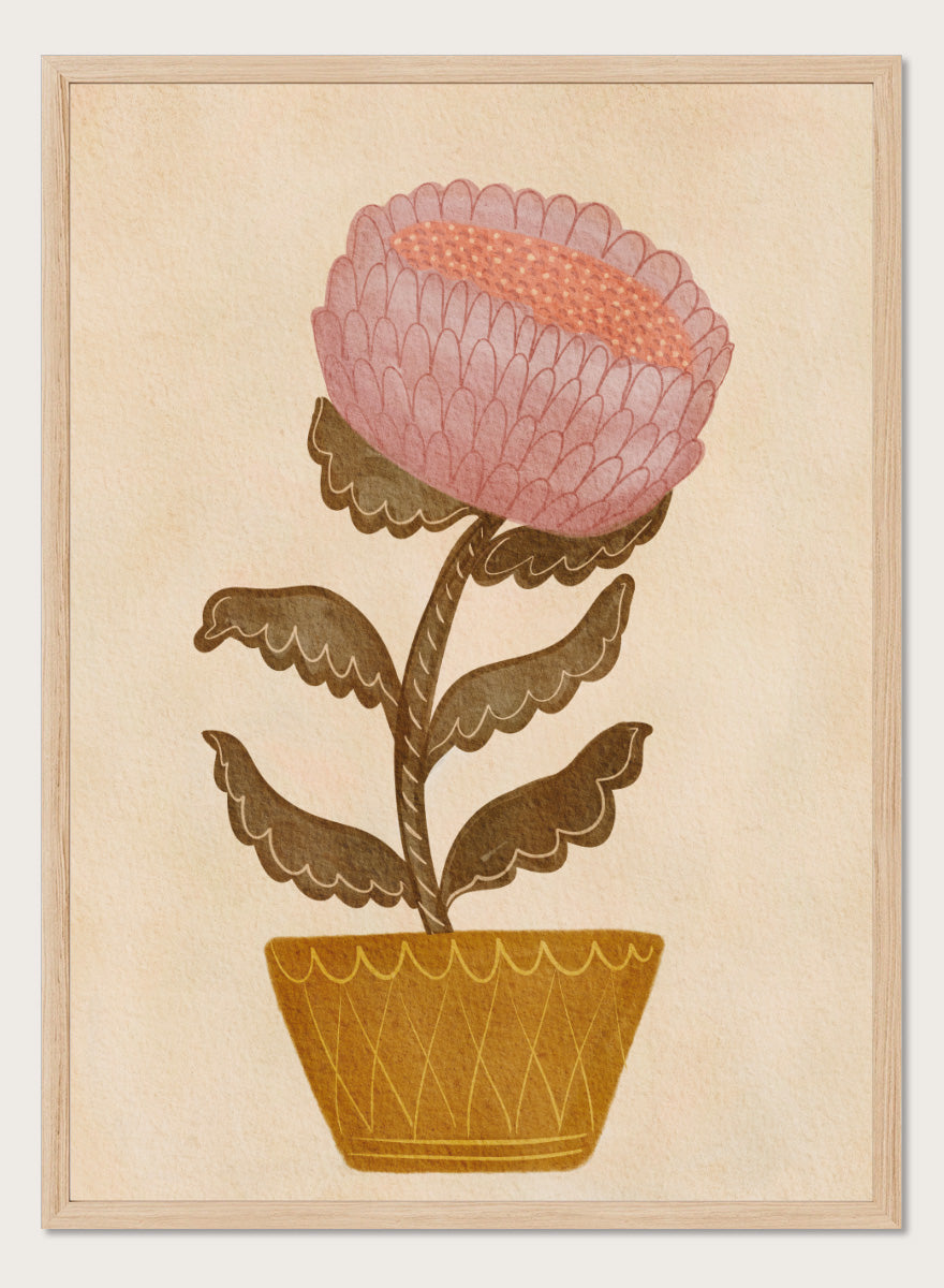 Shop Rustic Potted Flower by Nikita Jariwala, a floral wall art print poster featuring an oversized pink flower, mustard pot, folk art details, and earthy tones.