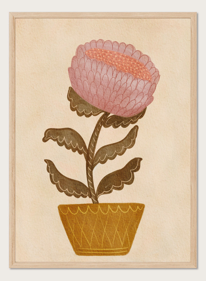 Shop Rustic Potted Flower by Nikita Jariwala, a floral wall art print poster featuring an oversized pink flower, mustard pot, folk art details, and earthy tones.