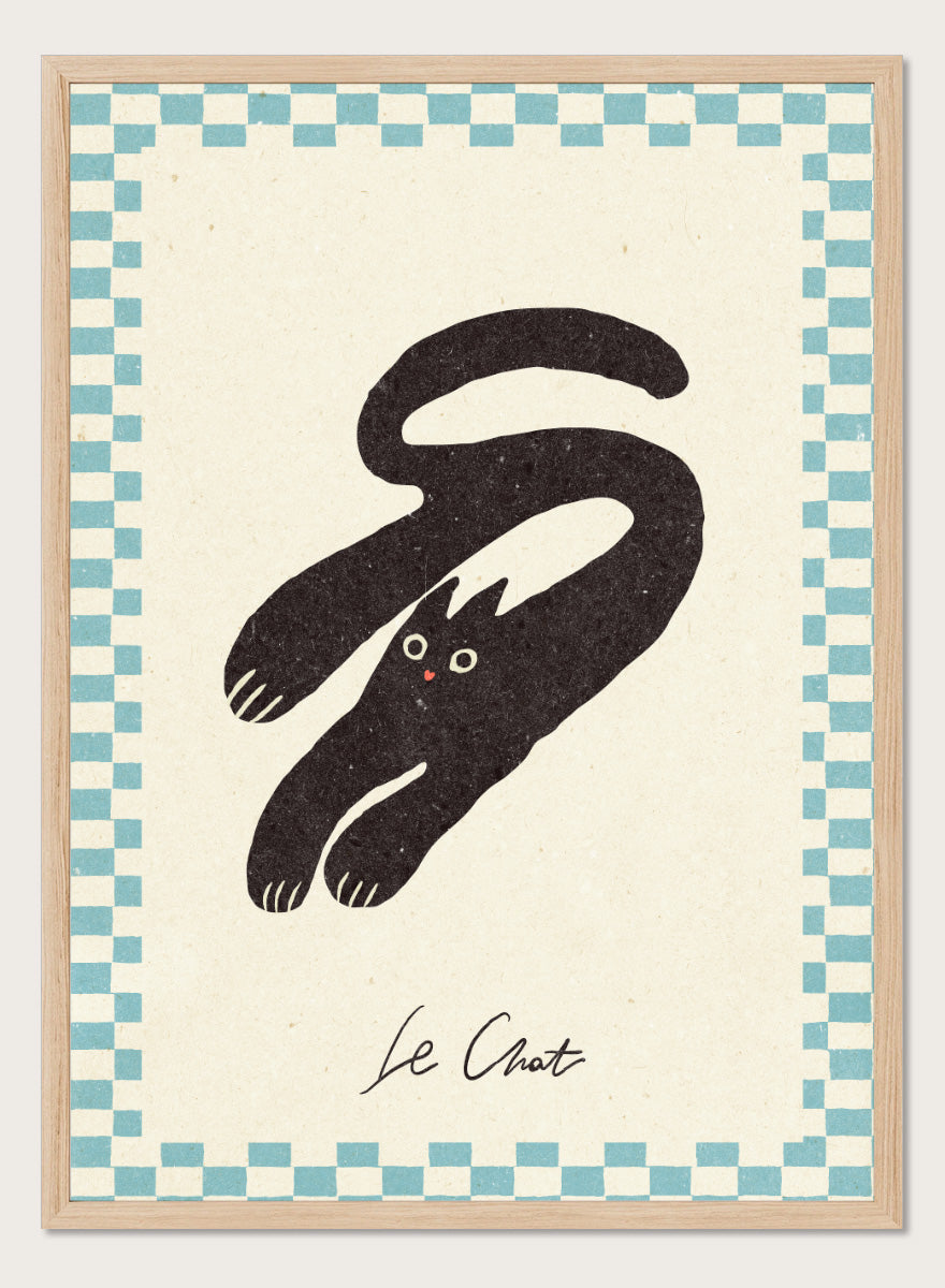 Shop Le Chat No.03 by NKTN, a playful black cat wall art print poster featuring a stretched cat, checkerboard border, and quirky vintage-inspired graphic style.