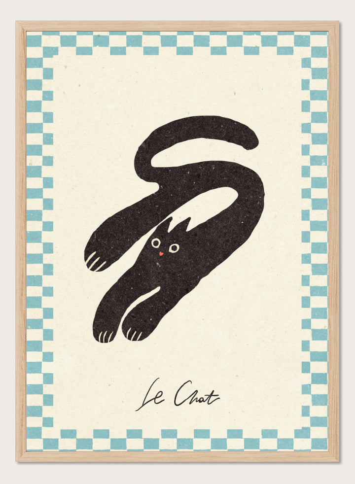 Shop Le Chat No.03 by NKTN, a playful black cat wall art print poster featuring a stretched cat, checkerboard border, and quirky vintage-inspired graphic style.