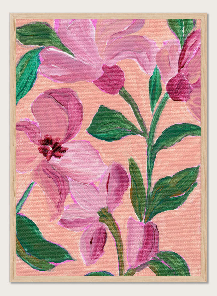 Shop Vibrant Pink Blooms by Nikita Jariwala, a floral wall art print poster featuring oversized pink flowers, lush green leaves, and a bold botanical composition.
