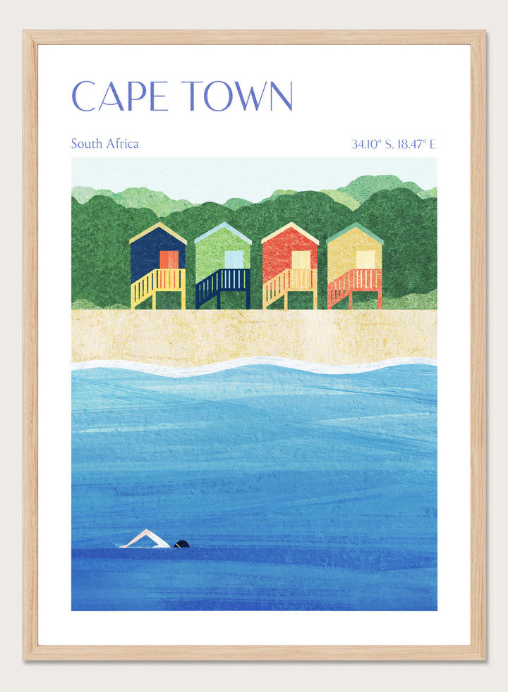 Illustration of beach huts by the sea with 'Cape Town, South Africa' text. Cape Town Beach Huts by Longwayhome is a minimalist coastal art print featuring colorful beach cabins, ocean scenery, and modern travel inspired design.