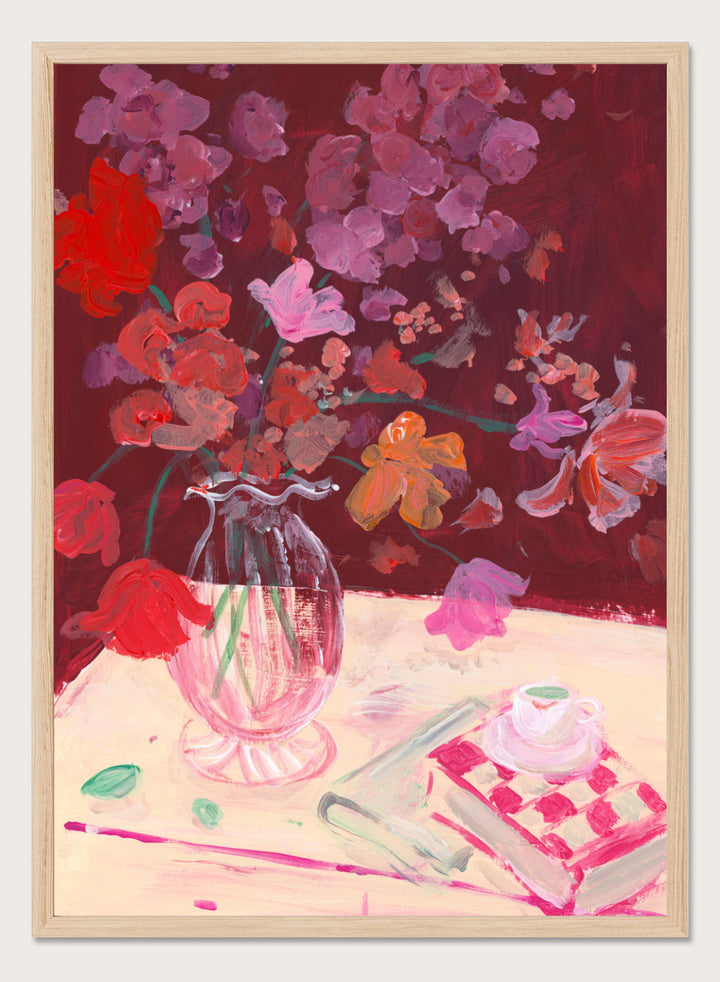 Colorful still life painting with flowers and a teacup on a table. Fall Bouquet by Katharina Puritscher art print featuring expressive floral still life, glass vase, coffee cup, book, and brushstrokes. Officially licensed wall poster.