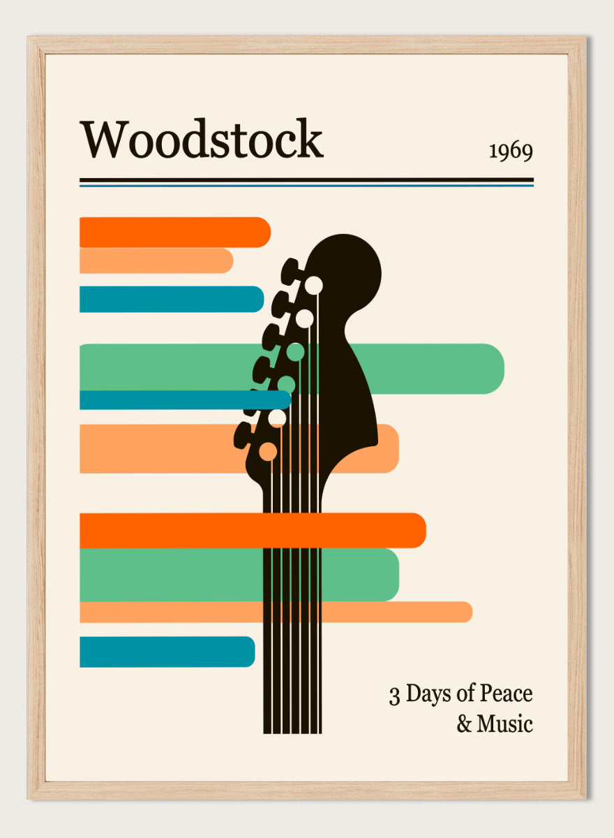 A graphic poster-style design for Woodstock 1969, featuring a black guitar headstock silhouette layered over horizontal orange, teal, and blue bars on a warm cream background. The text reads &