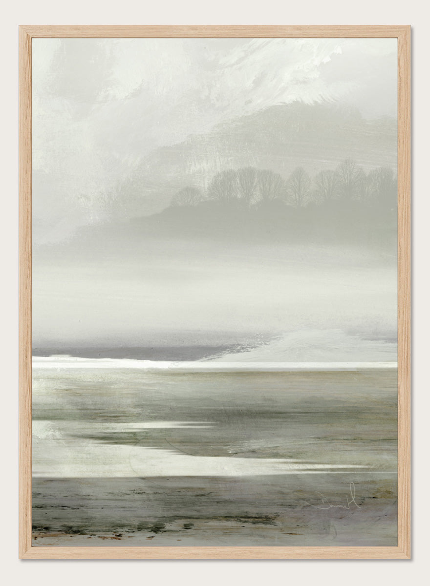 Shop Lakes No. 2 by Dan Hobday, a soft landscape art print featuring misty water, distant hills, bare trees, muted green tones, and layered texture.