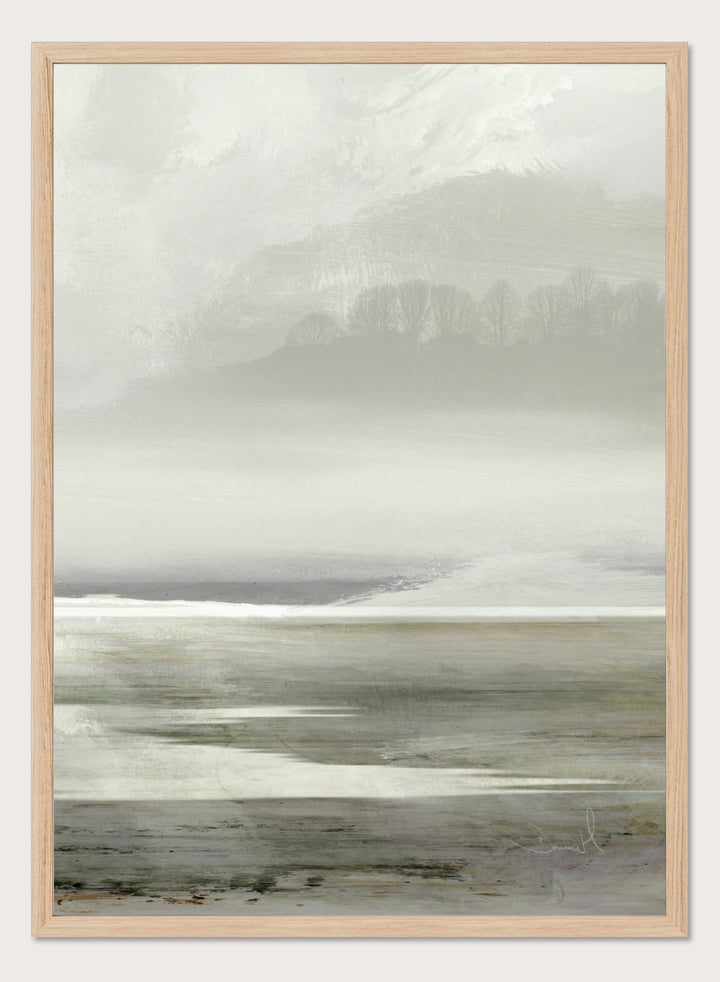 Shop Lakes No. 2 by Dan Hobday, a soft landscape art print featuring misty water, distant hills, bare trees, muted green tones, and layered texture.