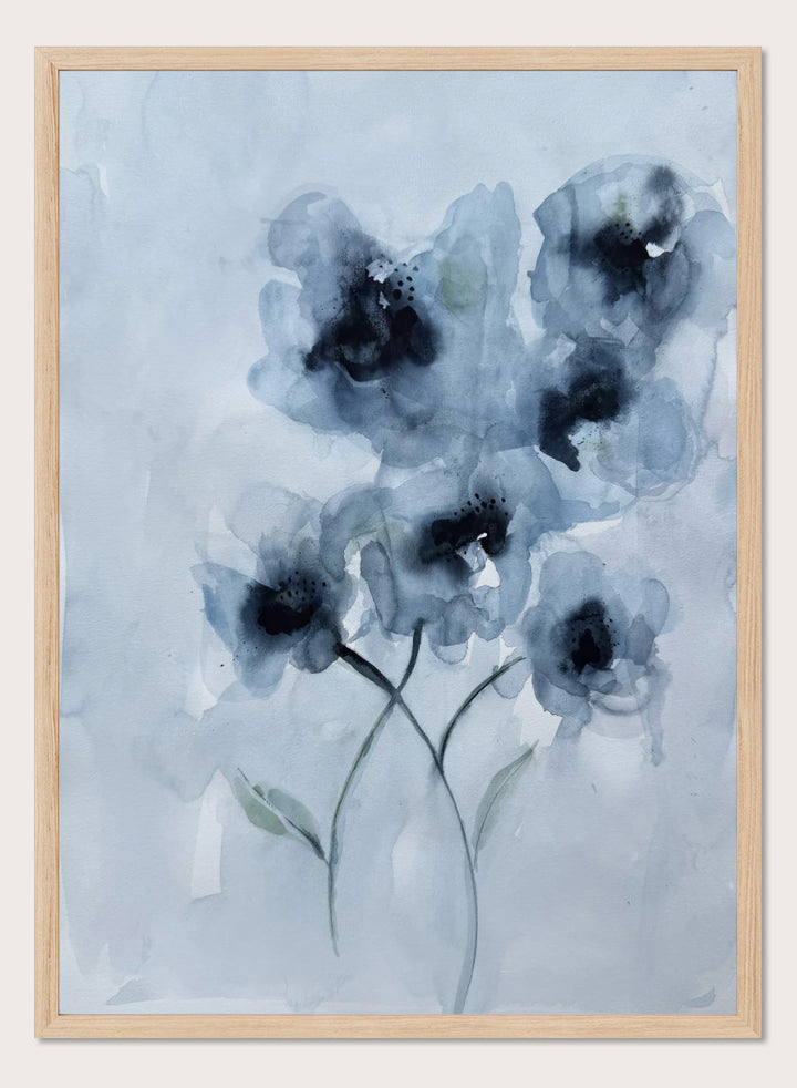 Shop Soft Blue Blooms by Helena Ryhle, a botanical watercolor wall art print poster featuring expressive blue flowers and soft contemporary floral detail.