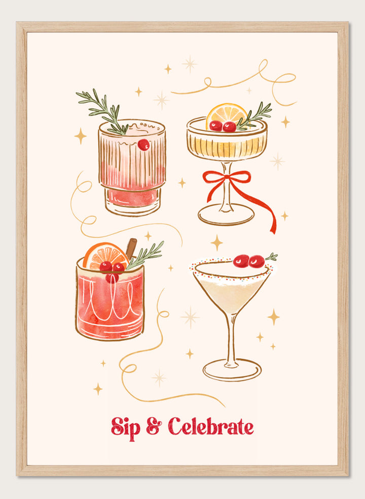 Shop Festive Holiday Christmas Cocktails by Katarzyna Gąsiorowska, a festive cocktail wall art print poster featuring illustrated drinks, cherries, and citrus.