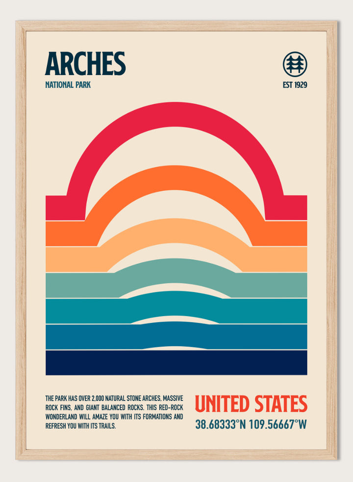 A retro-style poster for Arches National Park featuring a stylized rainbow arch made of horizontal color bands on a cream background, with the text &