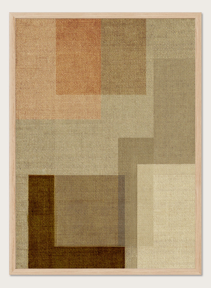 An abstract geometric area rug with a textured linen-like weave, featuring overlapping rectangles in shades of beige, brown, tan, and a muted peach-pink. Shop Muted Geometric Layers by Dan Hobday, a neutral abstract art print featuring layered geometric forms, soft earthy tones, and subtle woven texture.
