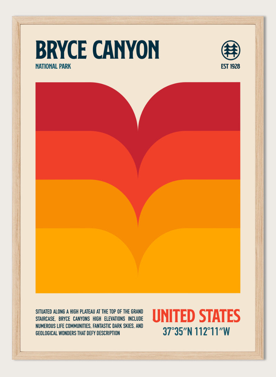 A retro-style poster for Bryce Canyon National Park with a cream background, a large abstract canyon landscape graphic in red, orange, and yellow, and text reading &