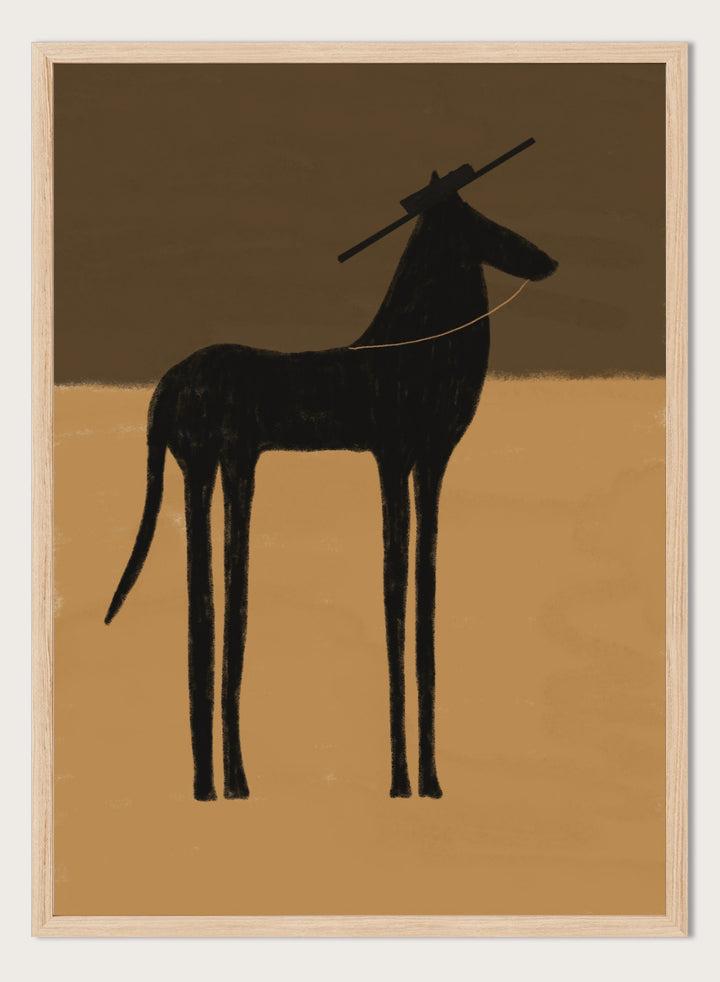 A minimalist art print featuring a black silhouette of a long-legged animal, possibly a zebra or antelope, standing against a two-tone brown background. The Unspoken Story by The Art Concept animal art print featuring a tall black horse in a wide hat against warm brown and sand tones.
