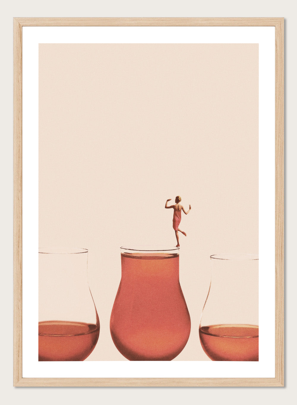 I Prefer the Full One by Maarten Léon collage art print featuring a woman standing on a full glass. Premium fine art print with real wood framing.