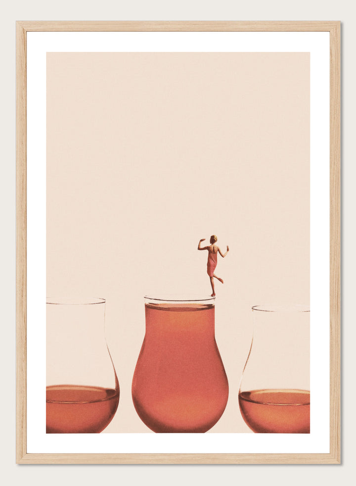I Prefer the Full One by Maarten Léon collage art print featuring a woman standing on a full glass. Premium fine art print with real wood framing.