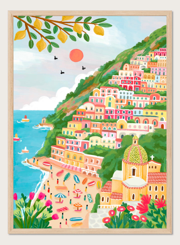 A colorful illustration of a coastal hillside town with tiered pastel buildings, a beach, blue sea, green foliage, and a church dome. Shop Vibrant Seaside Town by Nidhi Kachhadiya, a colorful coastal wall art print inspired by an Italian cliffside village, beach views, and bright Mediterranean color.