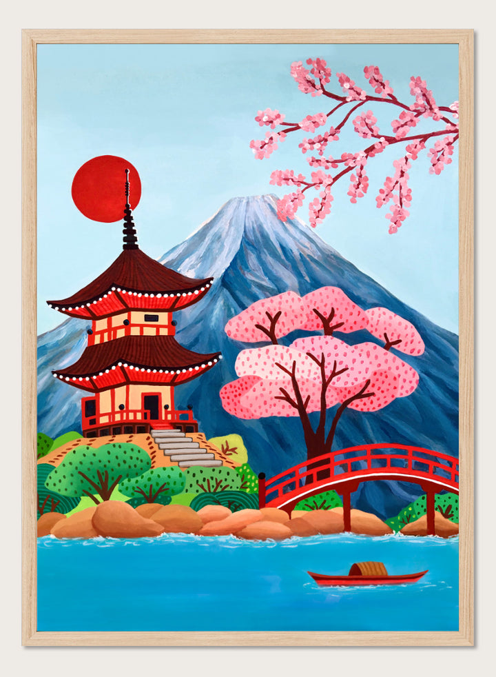 A colorful Japanese-style landscape artwork showing a red pagoda beside a red bridge over blue water, with pink cherry blossoms, a mountain, and a red sun in the sky. Shop Japanese Pagoda Spring Landscape by Nidhi Kachhadiya, a colorful Japan travel wall art print featuring Mount Fuji, cherry blossoms, a red pagoda, and spring scenery.