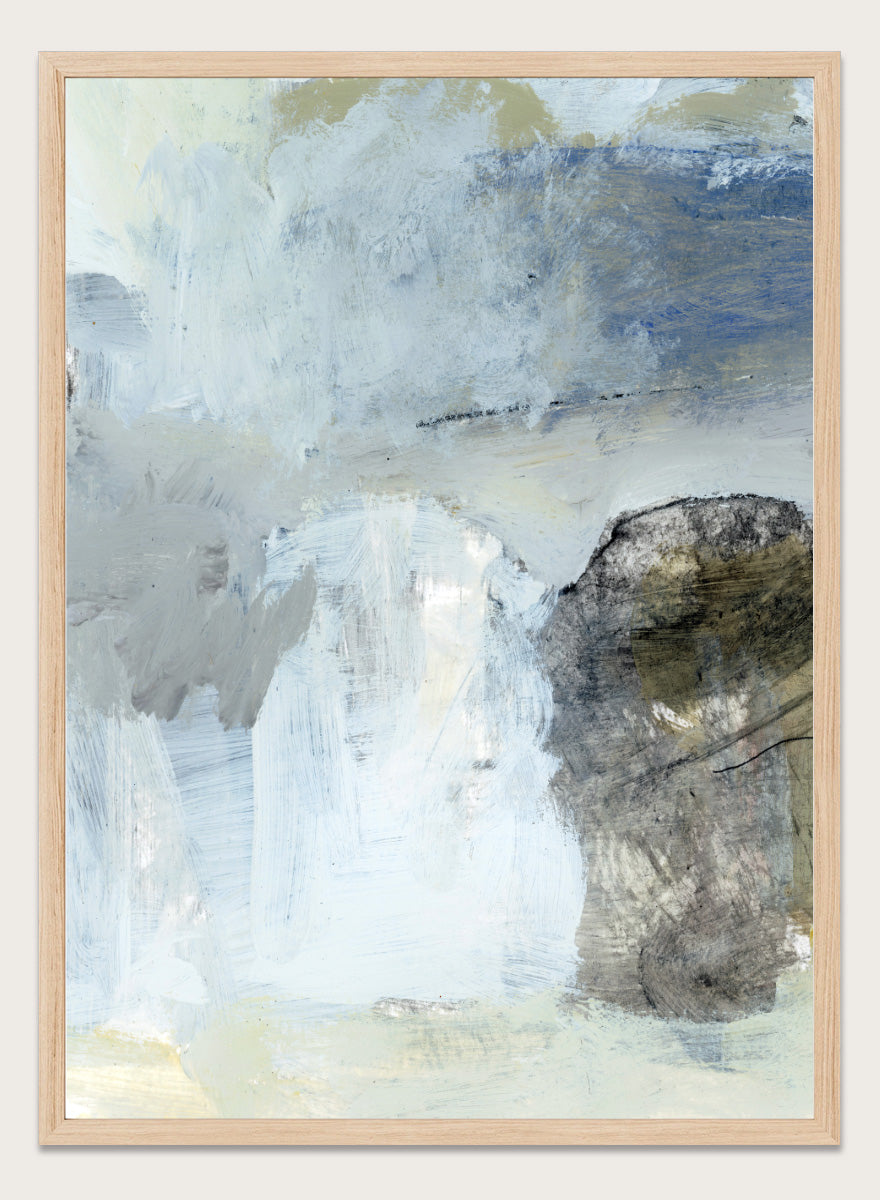 Shop Blue by Dan Hobday, a contemporary abstract art print in soft blue, white, and gray with layered texture and a clean, modern look.