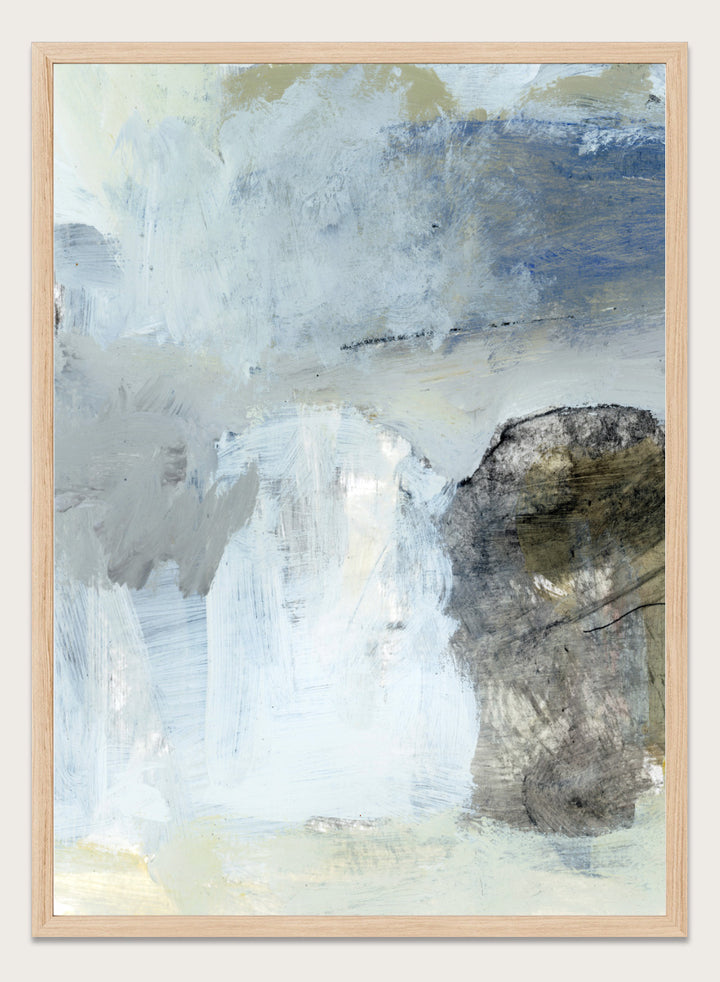Shop Blue by Dan Hobday, a contemporary abstract art print in soft blue, white, and gray with layered texture and a clean, modern look.