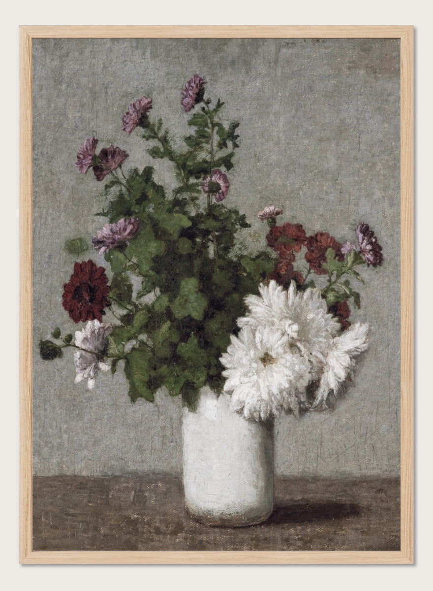 Shop Autumn Chrysanthemums in a White Vase by Henri Fantin-Latour, a vintage floral wall art print poster featuring chrysanthemums in muted green tones.