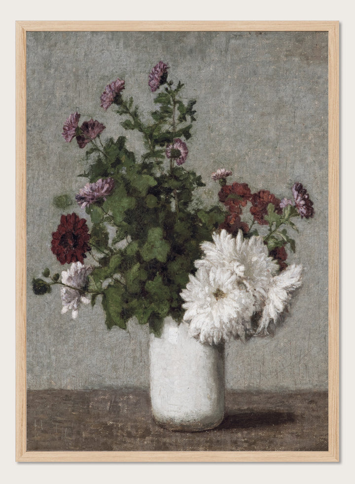 Shop Autumn Chrysanthemums in a White Vase by Henri Fantin-Latour, a vintage floral wall art print poster featuring chrysanthemums in muted green tones.