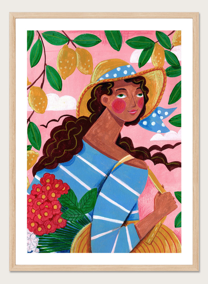 Colorful artwork of a woman with braided hair, wearing a straw hat and striped shirt, against a pink background with lemons and flowers. Lemon Tree Summer by Caroline Bonne Müller is a fine art print and wall poster of a woman under lemon branches with flowers in a bright modern aesthetic.
