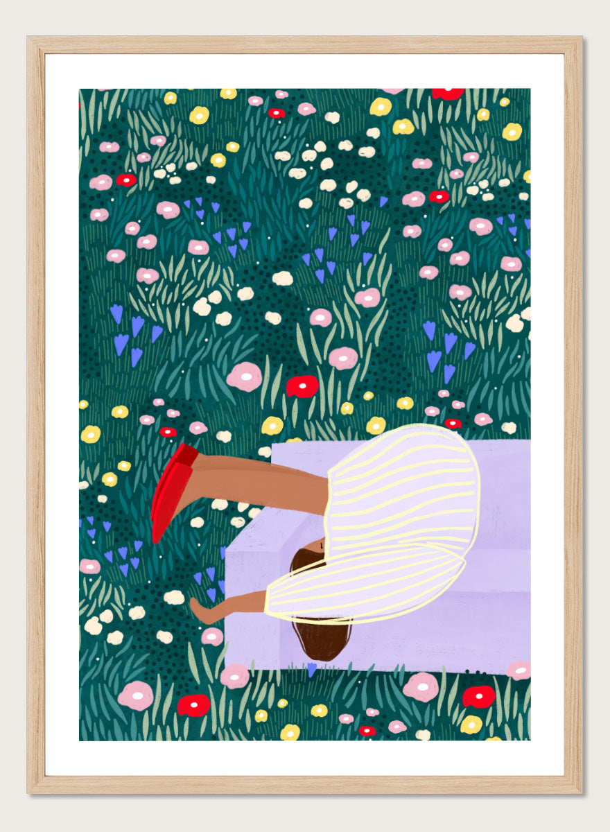 Shop Lush Garden Dreams by Bea Müller, a figurative floral wall art print poster featuring a woman reclining among colorful flowers and lush green garden foliage.