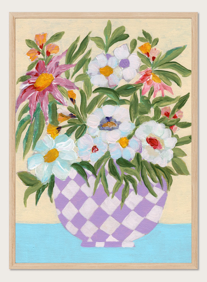 Shop Cheerful Flower Bouquet by Nikita Jariwala, a floral wall art print poster featuring a colorful flower arrangement in a purple checkered vase.
