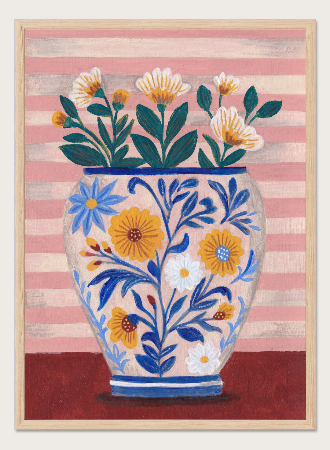 Decorative vase with floral design on a striped background. Potted Florals Pastels & Stripes by Caroline Bonne Müller is a fine art print and wall poster featuring a floral vase with pastel stripes background.