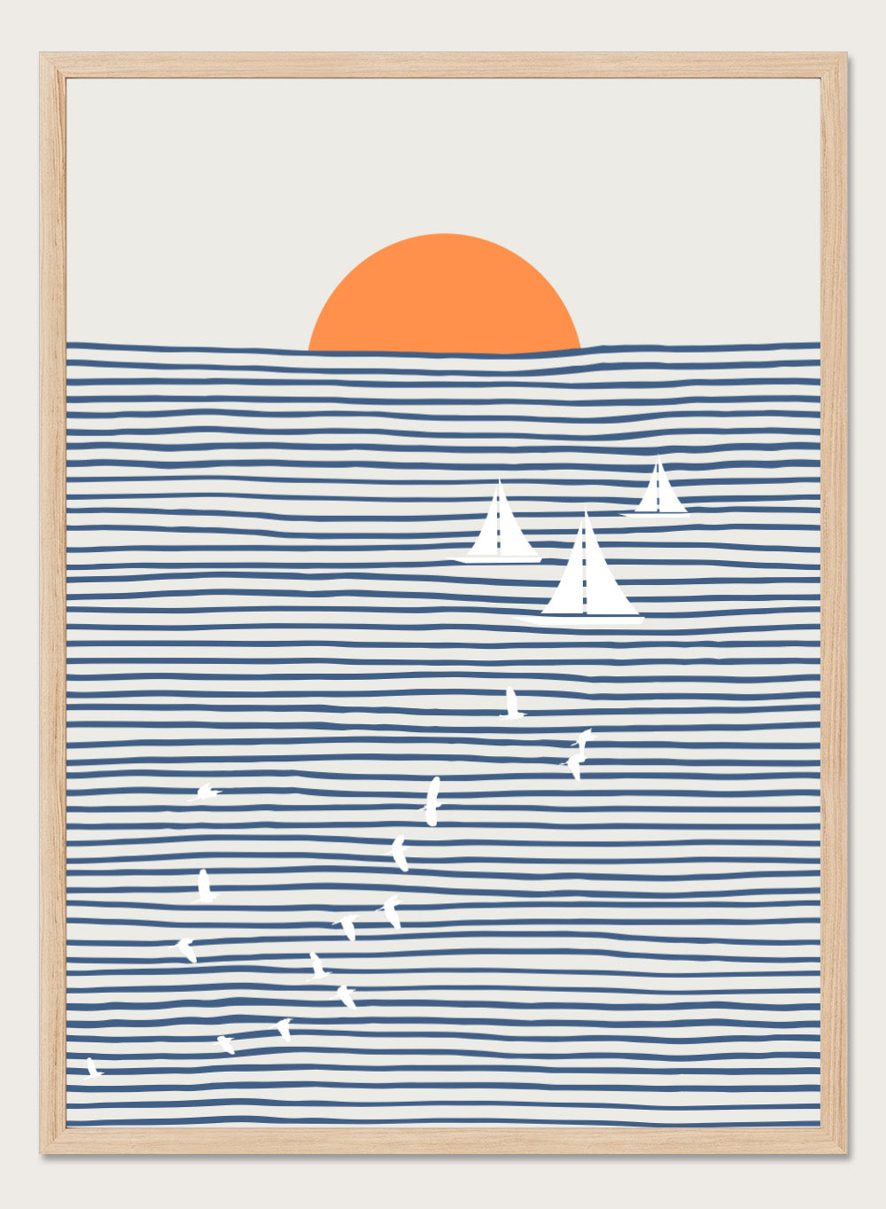 Three White Sails art print by Little Dean. Contemporary coastal wall art with sailboats, birds, striped ocean lines, orange sun, modern illustration poster design.