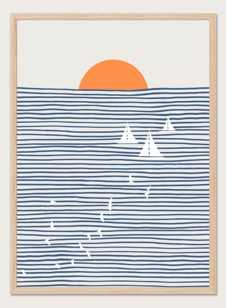 Three White Sails art print by Little Dean. Contemporary coastal wall art with sailboats, birds, striped ocean lines, orange sun, modern illustration poster design.