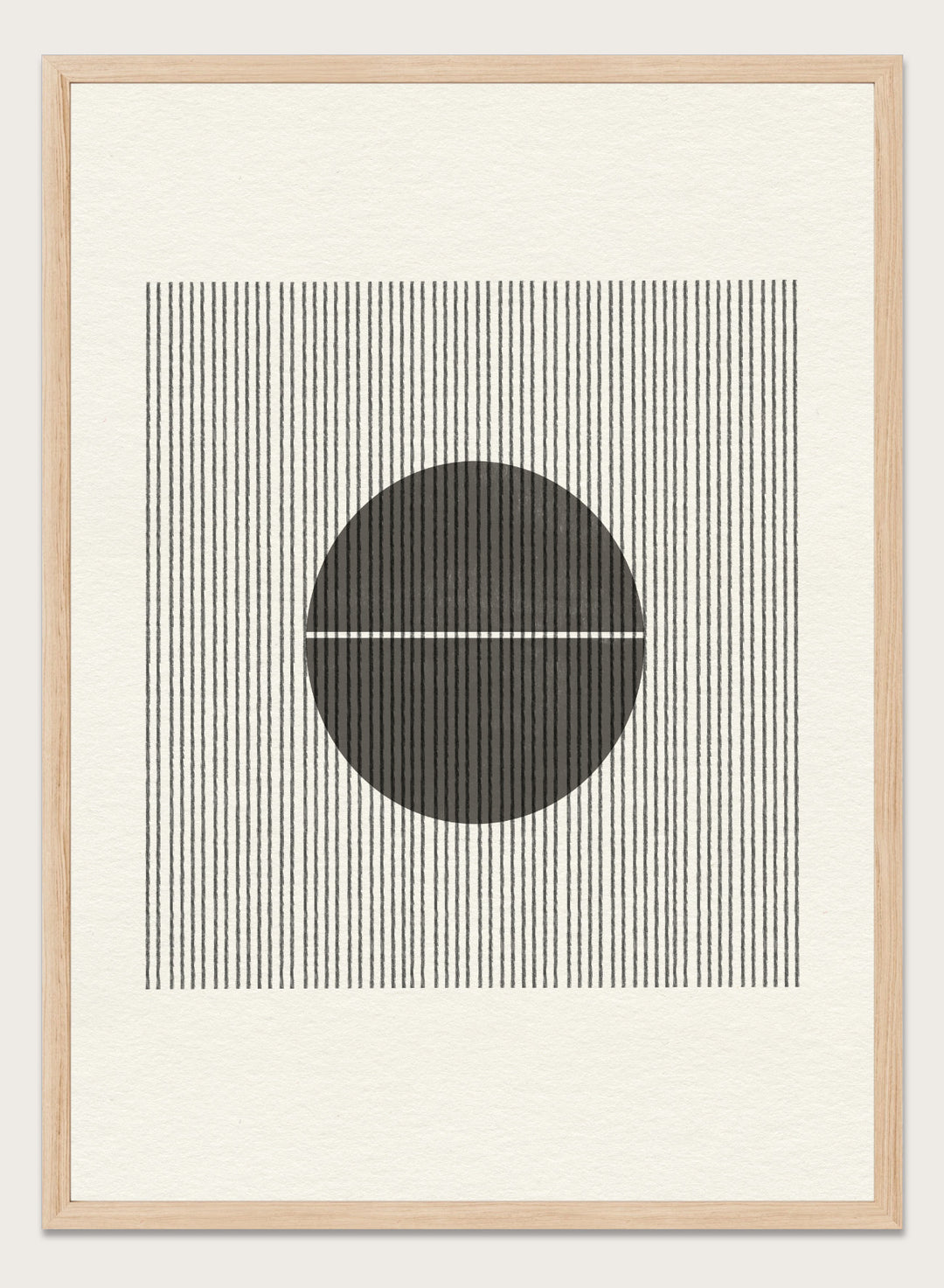 Geometric design with a circle and horizontal line on a striped background. Line and Circle Harmony by The MIUUS Studio is a minimalist abstract art print and wall poster featuring geometric linework, bold contrast, and modern black and white design.