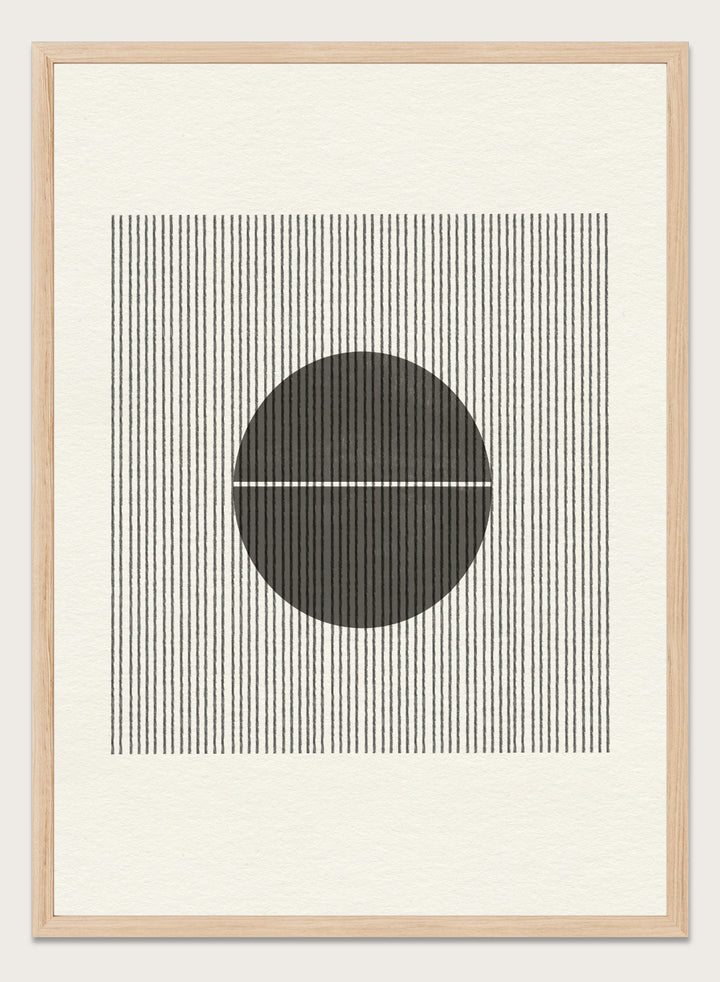 Geometric design with a circle and horizontal line on a striped background. Line and Circle Harmony by The MIUUS Studio is a minimalist abstract art print and wall poster featuring geometric linework, bold contrast, and modern black and white design.