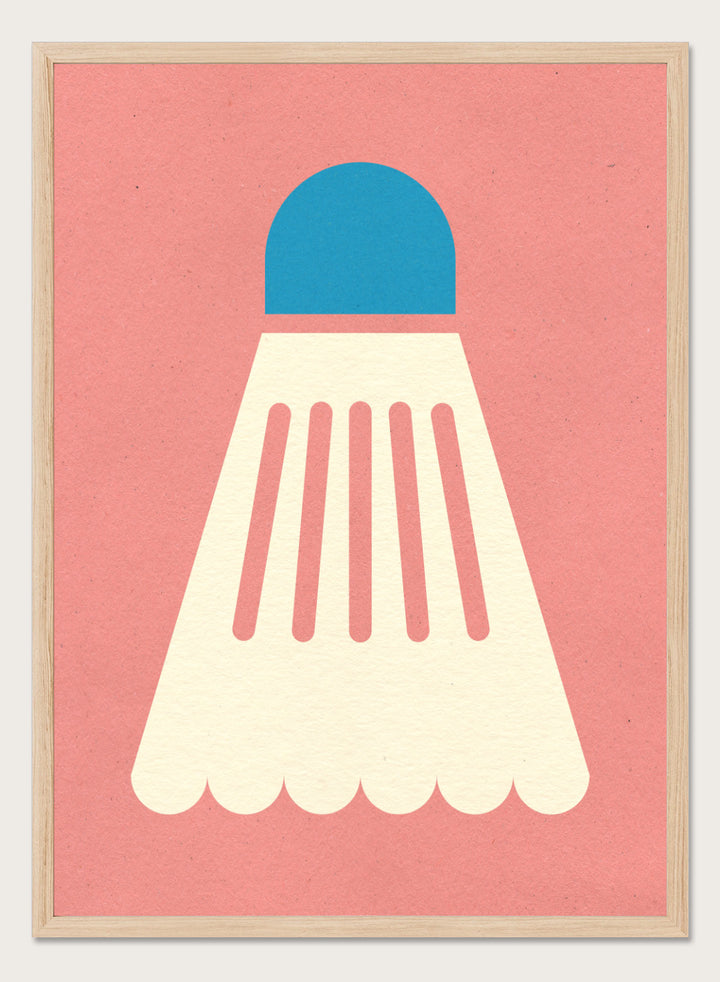 Shuttlecock with blue top and white body on a pink background. Badminton White Blue by Rosi Feist is a modern sports wall art print featuring a minimalist shuttlecock design in bold color and graphic poster style.