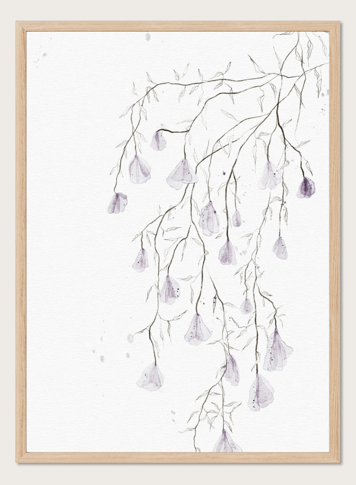 A framed watercolor art print depicting delicate, thin branches with small hanging lavender-purple bell-shaped flowers on a white background. Shop Delicate Lavender Cascade by Ankie Kooi, a floral wall art print poster with hanging lavender flowers, botanical branches, and soft watercolor detail.