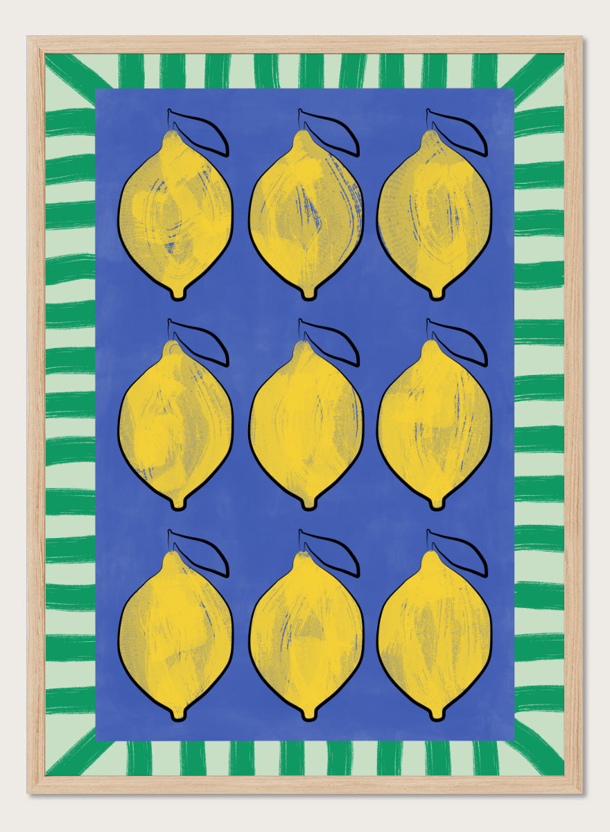 Shop Vibrant Lemons Blue Grid by Elena Ristova, a colorful lemon wall art print poster in yellow, blue, and green with a bold graphic grid design.
