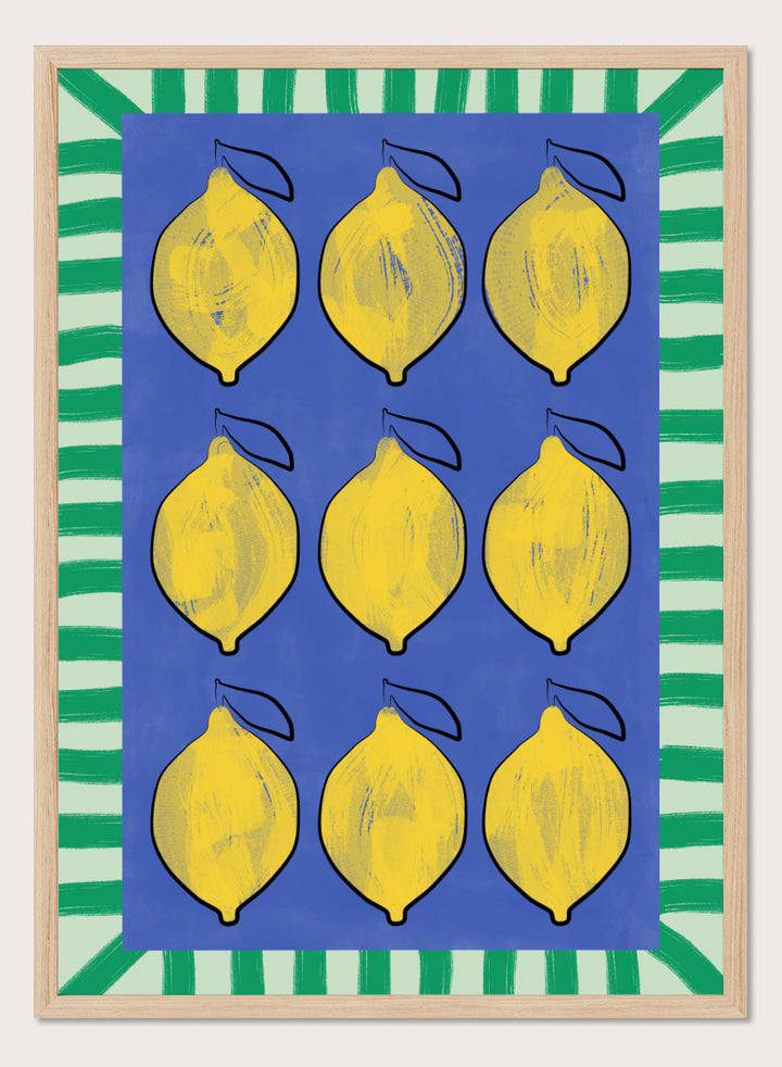Shop Vibrant Lemons Blue Grid by Elena Ristova, a colorful lemon wall art print poster in yellow, blue, and green with a bold graphic grid design.