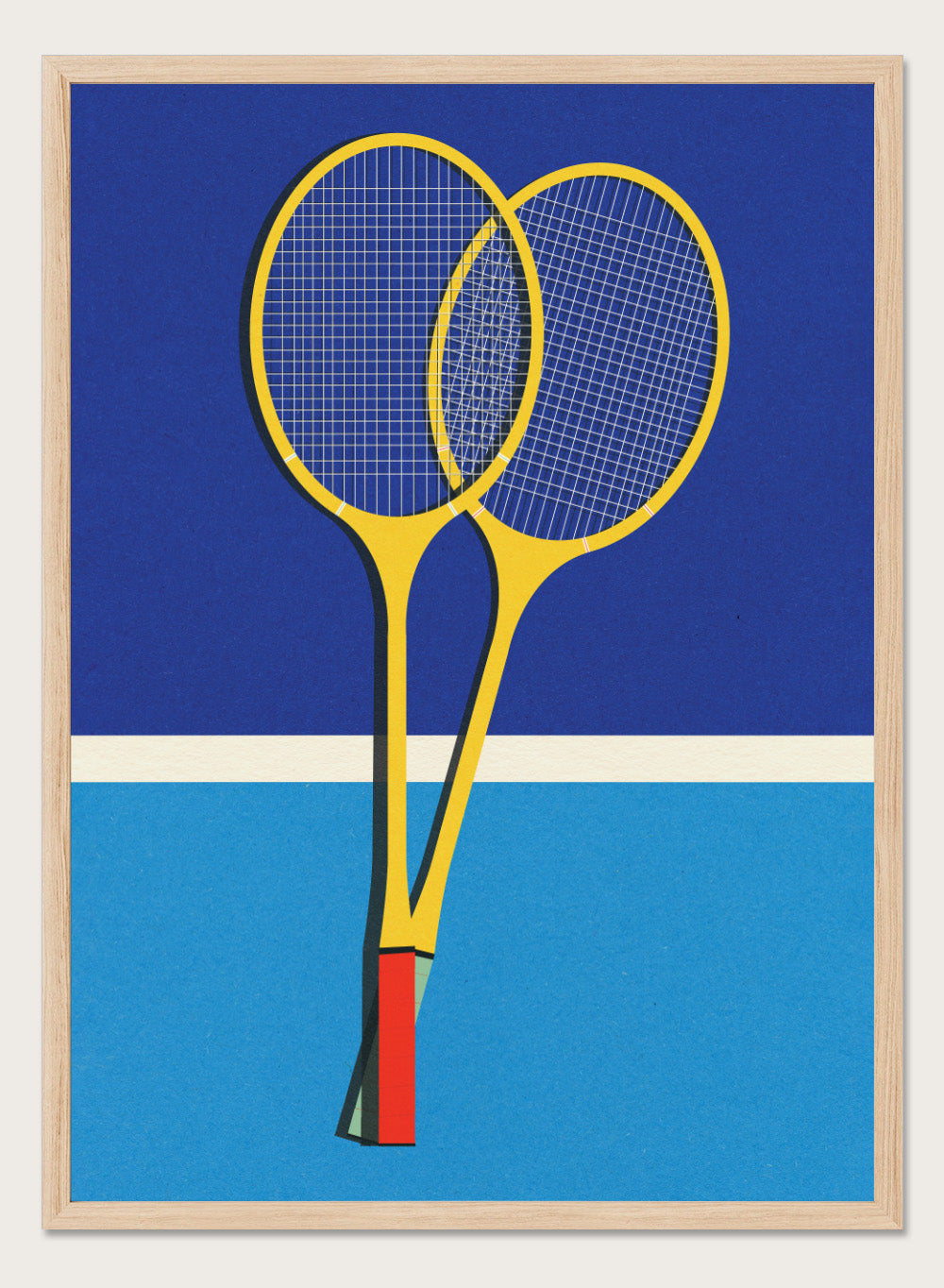 Two yellow badminton rackets on a blue background with a white stripe at the bottom. Wooden Badminton Rackets by Rosi Feist is a modern minimalist fine art print featuring bold yellow rackets on a graphic blue court. Officially licensed wall poster with optional artisan framing.