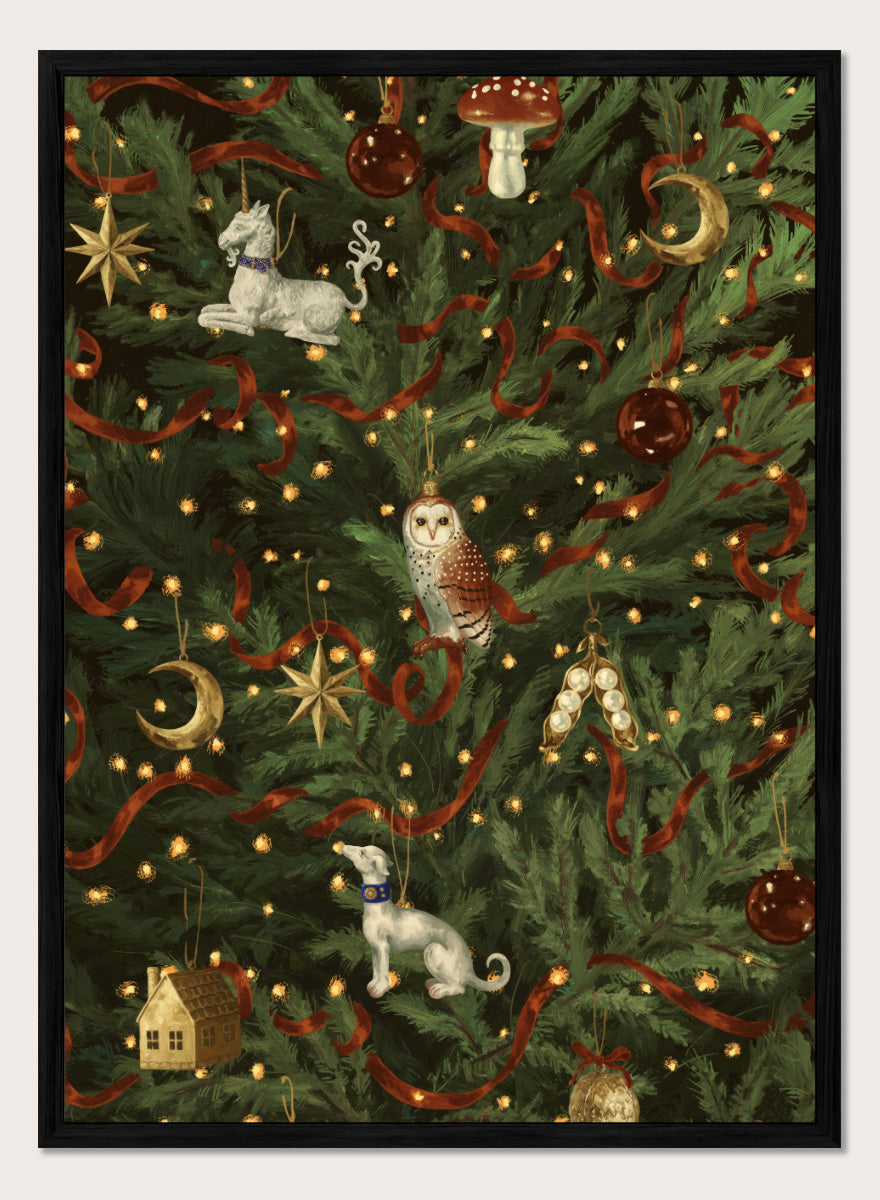 Shop Magical Christmas Tree by NKTN, a festive Christmas wall art print poster featuring woodland ornaments, moons, stars, ribbon, and glowing tree lights.