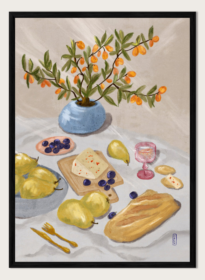 A still life painting of fruit and bread on a draped table, with pears, blueberries, a loaf of bread, cheese, a pink goblet, and a blue vase holding orange branches, all rendered in a soft painterly style. Shop Rustic Pears Still Life by Dirkie Nell, a colorful kitchen still life art print featuring pears, bread, cheese, blueberries, orange berries, and a blue vase.
